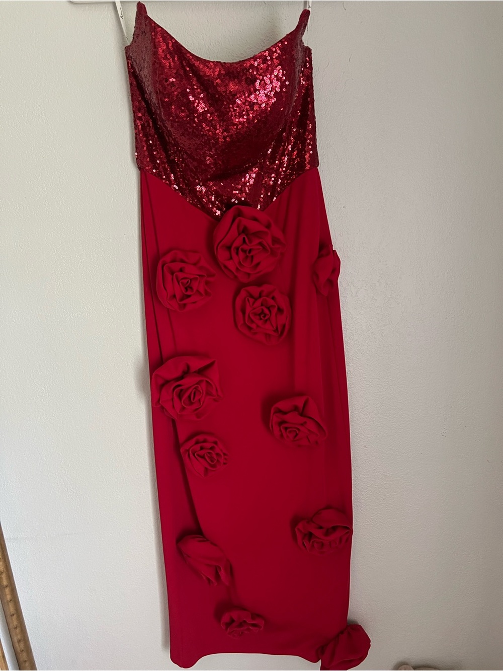 Red Sequin Bodice Floral Accent Slip Dress